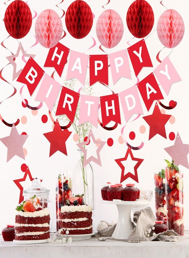 زينة عيد ميلاد رائعة، لافتة عيد ميلاد سعيد مع كرات على شكل خلية نحل، شرائط متدلية على شكل نجوم، إكليل من النقاط الدائرية، زينة حفلات عيد ميلاد سعيد للنساء والرجال والأولاد والبنات (أحمر) - Image 2